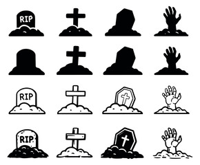 Hand drawn and silhouette halloween elements set featuring gravestones, crosses and zombie hands for horror and spooky designs