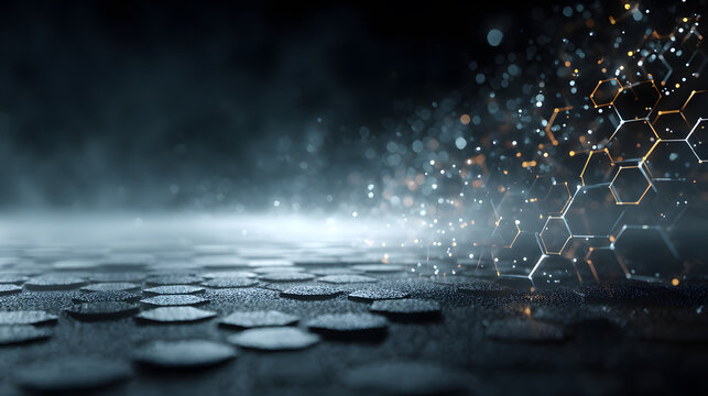 Futuristic abstract technology background with glowing hexagon floor and particles, dark sci-fi design