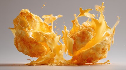 Golden cheese puffs crash together midair, melted strands stretching outward in suspended arcs. Crisp textures glow under warm light,