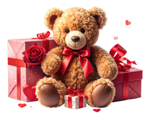 Gift style teddy bear arranged for teddy day or valentines day, isolated on white and transparent