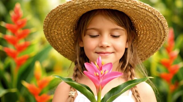 Smiling young girl in straw hat holding a vibrant pink tropical flower
