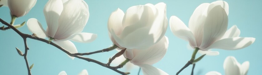 Delicate magnolia blossoms against a light blue sky.