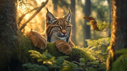 Lynx resting in a sunlit forest.
