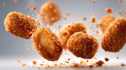 Golden hush puppies collide in freefall, cornmeal crumbs frozen in motion. The lighting reveals crispy textures while the clean