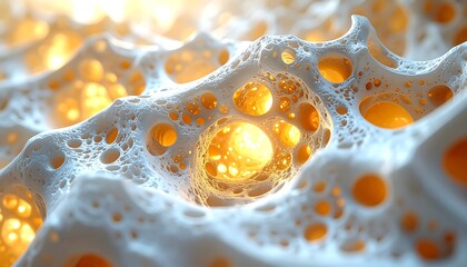 Microscopic view of porous, cellular structure lit with golden light