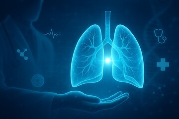 Advanced pulmonary care visualization featuring glowing anatomical lungs and data.