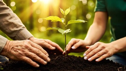 Planting a new tree sapling together symbolizes environmentalism, growth, and teamwork in a forest