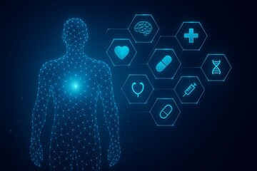 Conceptual medical technology featuring a holographic skeletal system for precision surgery and health monitoring