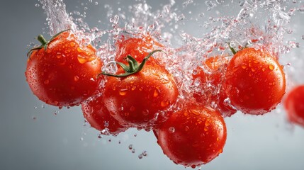 Juicy cherry tomatoes smash together midair, droplets of juice frozen in suspended arcs. skin surface gleams under soft, directional