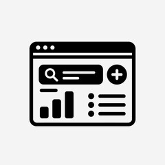 Fototapeta premium A minimalist black and white icon illustrating a web application dashboard with search functionality, data visualization charts, and a list interface.