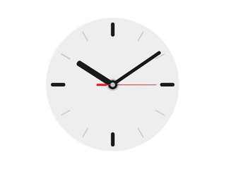 A close-up view of a modern clock face with black hands on a white background