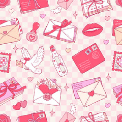 Love Mail Seamless Pattern, Hand Drawn Love Letter Digital Paper, Trendy Romantic Post Repeat Pattern Design Vector