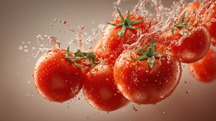 Juicy cherry tomatoes smash together midair, droplets of juice frozen in suspended arcs. skin surface gleams under soft, directional