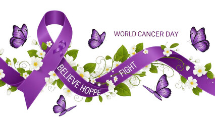Fototapeta premium Purple ribbon with believe hope fight text for world cancer day isolated on transparent background