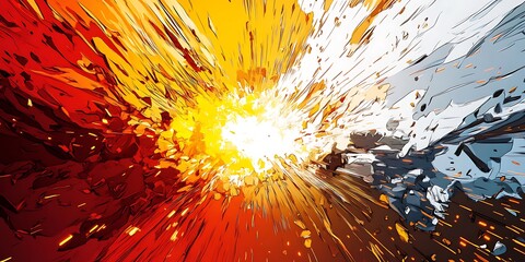 Abstract illustration of a dynamic explosion with red yellow and blue color scheme art style
