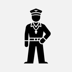 Obraz premium Black silhouette icon of a police officer or security guard in uniform with a cap and badge, standing with one hand on hip.