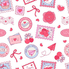 Valentine Stamp Seamless Pattern, Hand Drawn Vintage Love Letter Digital Paper, Trendy Valentine Postage Repeat Pattern Design Vector