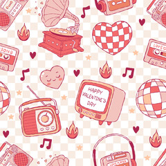 90s Love Music Seamless Pattern, Trendy Retro Valentine Digital Paper, Vintage Love Radio Repeat Pattern Design Vector