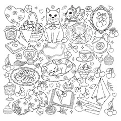 Coquette Cherries Collection Outline Vector, Valentine Cherries and Cat Line Art Doodle, Girly Valentine Picnic Coloring Page Hand Drawn Design