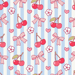Coquette Cherries Seamless Pattern, Trendy Cherries Bows Love Digital Paper, Spring Cherry Valentine Repeat Pattern Design Vector