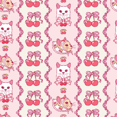 Coquette Cherries Seamless Pattern, Cherry and Cat Digital Paper, Vintage Cherry Girly Valentine Repeat Pattern Design Vector