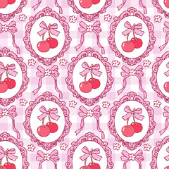 Coquette Cherries Seamless Pattern, Trendy Cherries Bows Love Digital Paper, Vintage Girly Cherry Frame Repeat Pattern Design Vector