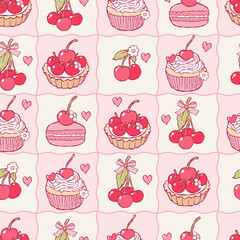 Pink Cherries Dessert Seamless Pattern, Cherry Cupcake Love Digital Paper, Spring Cherry Cream Cheese Pies Valentine Treat Repeat Pattern Design Vector