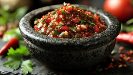 Fresh homemade salsa in a traditional stone bowl with vibrant ingredients