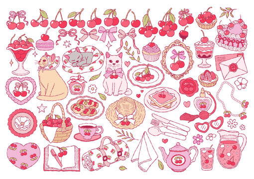 Coquette Cherries Collection Vector, Valentine Cherries and Cat Doodle, Trendy Girly Valentine Picnic Hand Drawn Design Vector