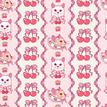 Coquette Cherries Seamless Pattern, Cherry and Cat Digital Paper, Vintage Cherry Girly Valentine Repeat Pattern Design Vector