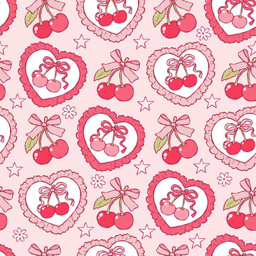 Coquette Cherries Seamless Pattern, Trendy Cherries Bows Love Digital Paper, Vintage Girly Cherry Frame Repeat Pattern Design Vector