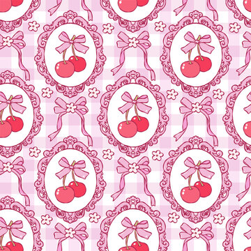 Coquette Cherries Seamless Pattern, Trendy Cherries Bows Love Digital Paper, Vintage Girly Cherry Frame Repeat Pattern Design Vector