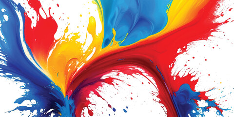 Vibrant Abstract Paint Splash Background  Dynamic Blue, Red, Yellow, and Orange Liquid Strokes with Expressive Motion and Artistic Splatter on Clean White, Ideal for Modern Creative Design, Branding, 