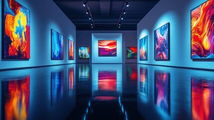 Colorful artwork displayed in a modern gallery.