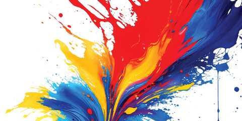 Vibrant Abstract Paint Splash Background  Dynamic Blue, Red, Yellow, and Orange Liquid Strokes with Expressive Motion and Artistic Splatter on Clean White, Ideal for Modern Creative Design, Branding, 