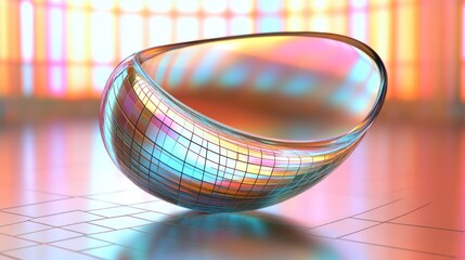 Reflective, iridescent bowl on a patterned surface.