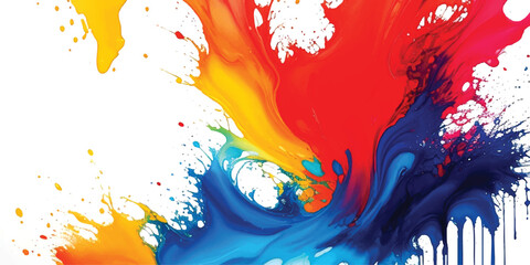 Vibrant Abstract Paint Splash Background  Dynamic Blue, Red, Yellow, and Orange Liquid Strokes with Expressive Motion and Artistic Splatter on Clean White, Ideal for Modern Creative Design, Branding, 