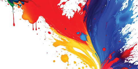 Vibrant Abstract Paint Splash Background  Dynamic Blue, Red, Yellow, and Orange Liquid Strokes with Expressive Motion and Artistic Splatter on Clean White, Ideal for Modern Creative Design, Branding, 
