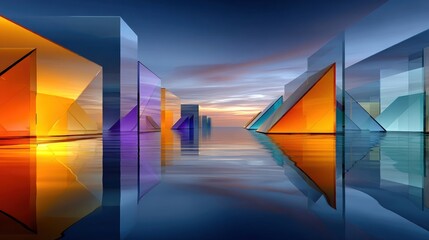 Colorful geometric structures reflected in tranquil water.