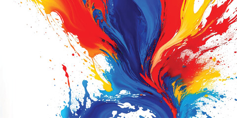 Vibrant Abstract Paint Splash Background  Dynamic Blue, Red, Yellow, and Orange Liquid Strokes with Expressive Motion and Artistic Splatter on Clean White, Ideal for Modern Creative Design, Branding, 