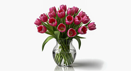 Obraz premium A beautiful bouquet of vibrant pink tulips elegantly arranged in a clear glass vase on a white background