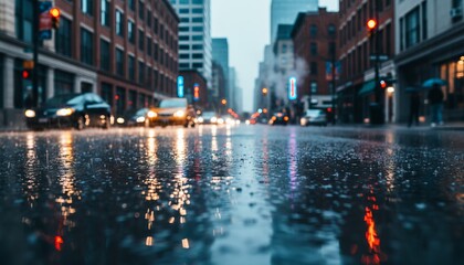 Glowing City Street Reflections in Rainy Weather Captured at Dusk with Traffic Lights and Cars Illuminating the Wet Pavement