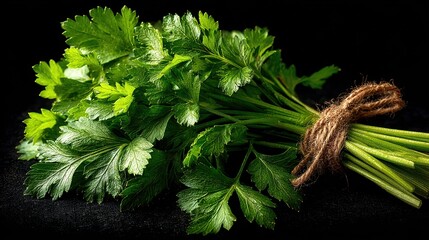 Fototapeta premium Fresh green parsley bundle tied with rustic rope
