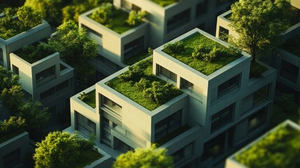 Green roofed buildings in an urban setting.