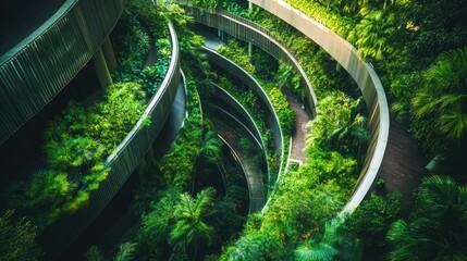 Lush greenery cascades down a spiral building design.
