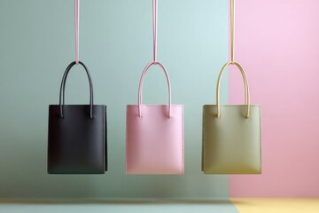 Three colored leather handbags hanging from strings