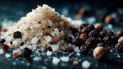 Pile of coarse sea salt crystals and crushed black pepper