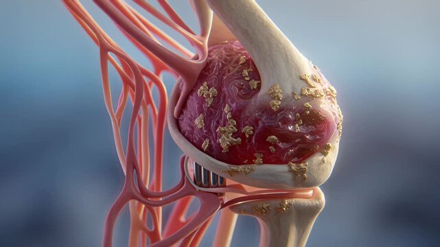 Close Up Of Human Knee Joint Showing Inflammation And Cartilage Damage With Red