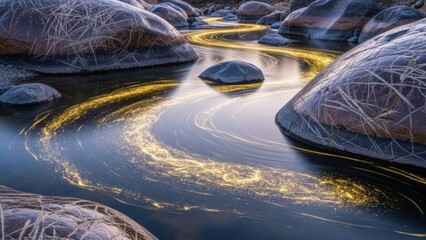 Serene nighttime scene of a flowing stream surrounded by smooth rocks illuminated with golden