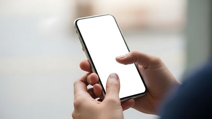 A person holding a smartphone with a blank white screen